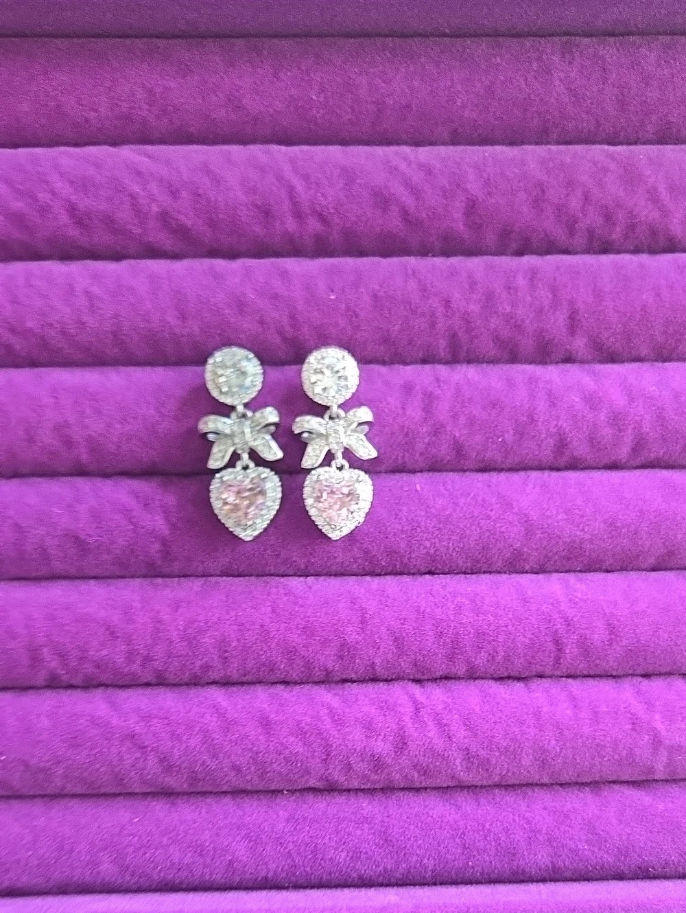 Sterling Silver Bow Drop Earrings with Pink Moissanite